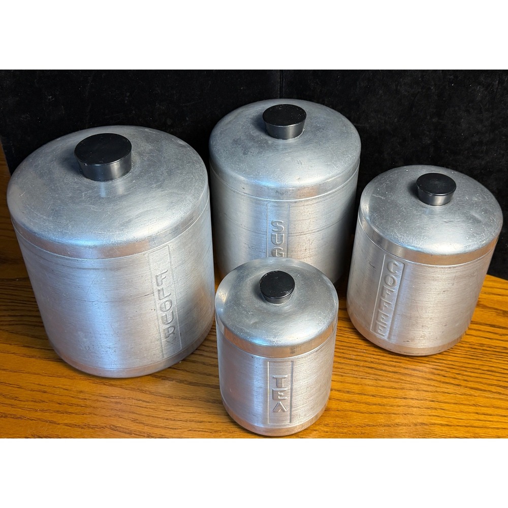 Vintage West Bend Spun Aluminum Canister 4 pc Set: Flour, Sugar, Coffee, Tea
